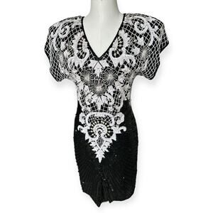 Vintage 80s Beaded Sequined Party Cocktail Mini Dress Carina Black White M Glam
